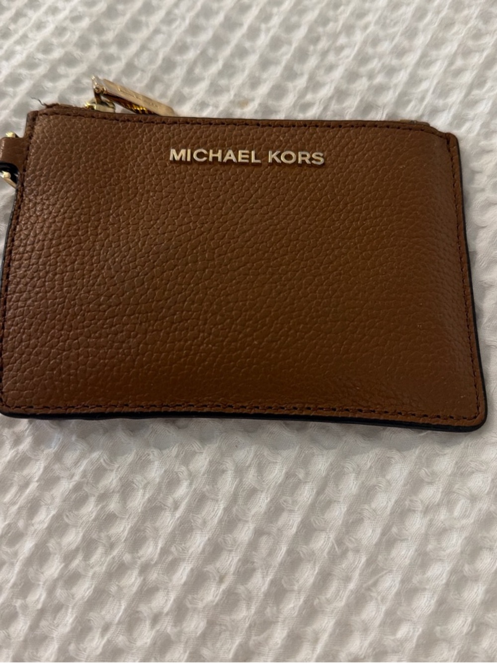 Michael Kors Cognac Pebbled Leather Card Holder with Gold Logo